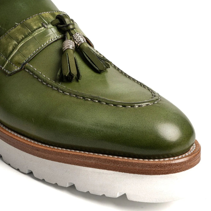 Green Calf &amp; Crocodile Leather Tassel Loafers
