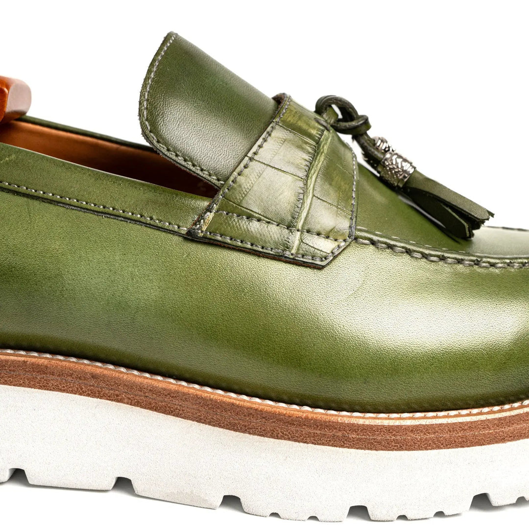 Green Calf &amp; Crocodile Leather Tassel Loafers