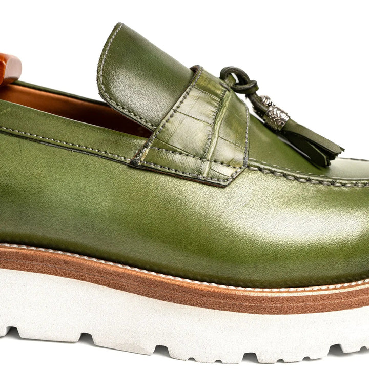Green Calf &amp; Crocodile Leather Tassel Loafers