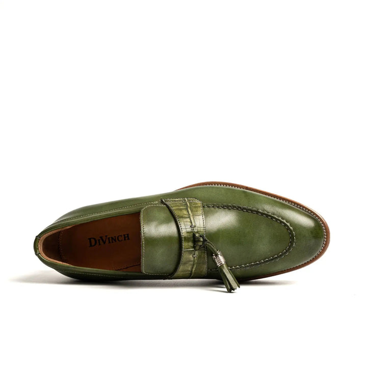 Green Calf &amp; Crocodile Leather Tassel Loafers
