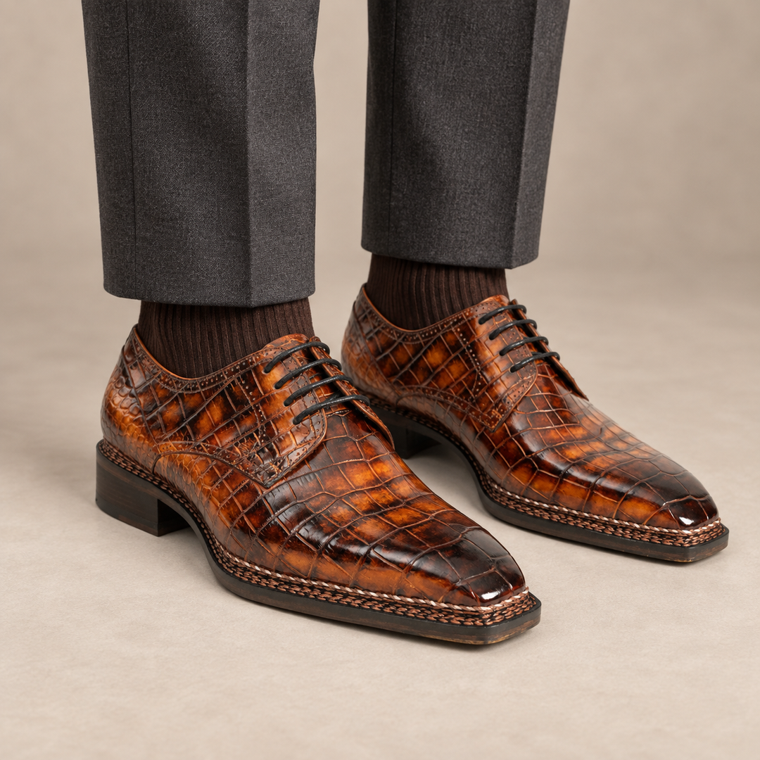 Orange-Brown Apron-Toe Crocodile Leather Derby Shoes