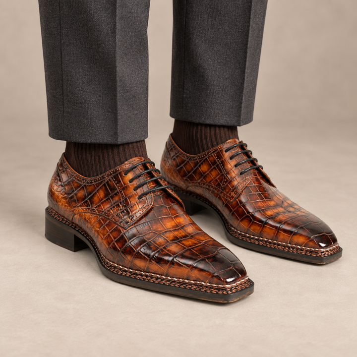 Orange-Brown Apron-Toe Crocodile Leather Derby Shoes
