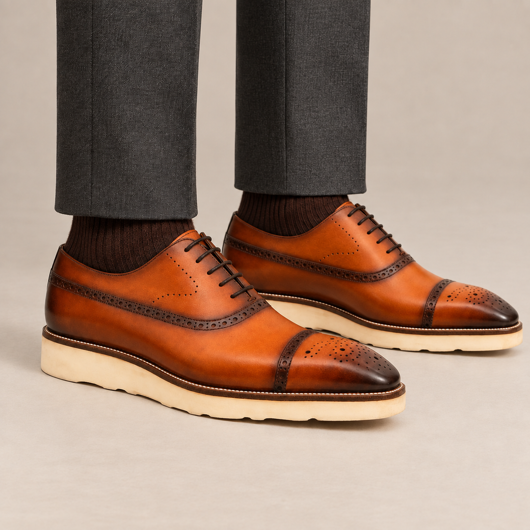 Orange-Brown Cap-Toe Calf Leather Oxford Shoes