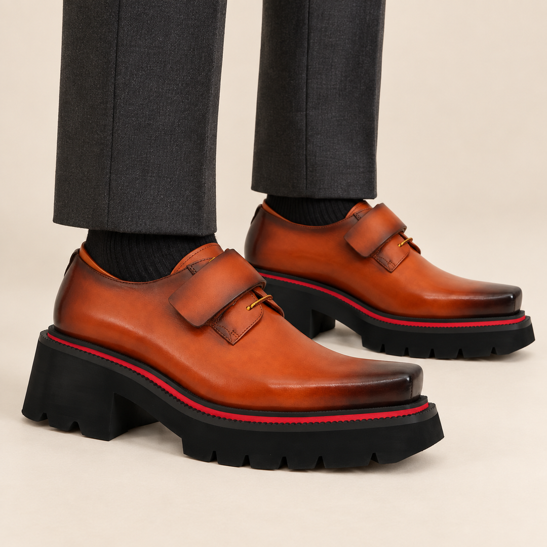 Orange-Brown Square-Toe Cow Leather Derby Shoes