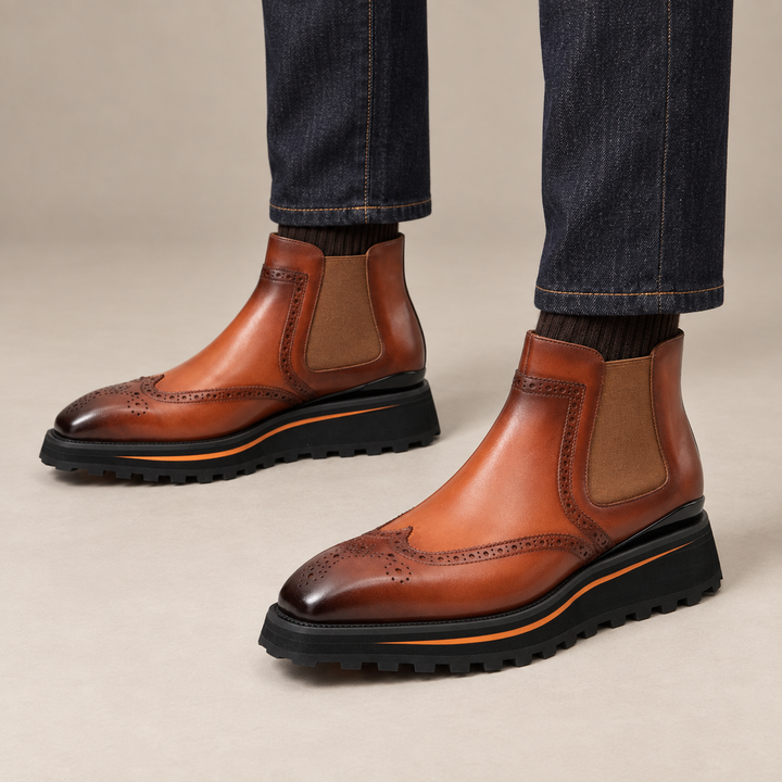 Orange-Brown Wingtip Calf Leather Chelsea Boots