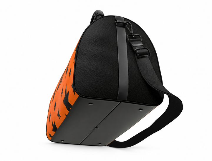 S7 Solar Noir orange leather duffle bag with scattered black five-point stars, a centered black S7 monogram and black handles and end panels.