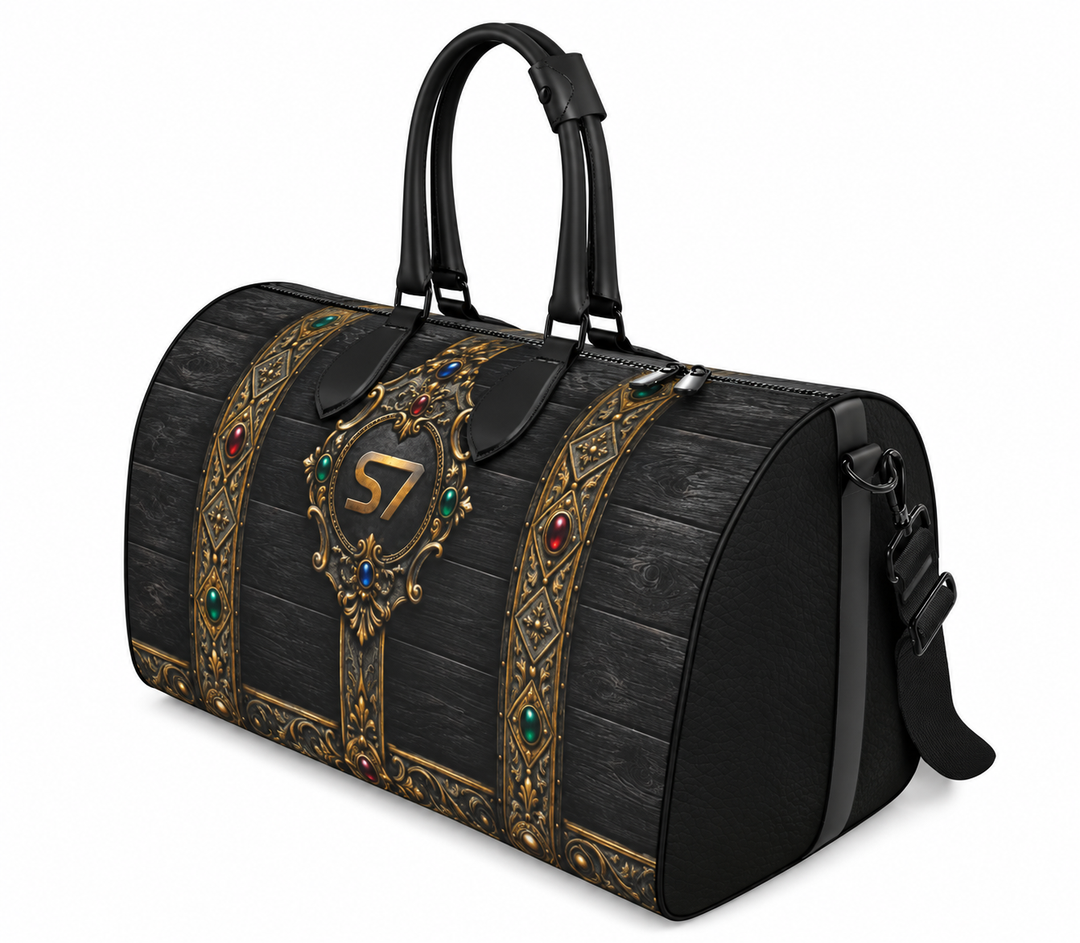 Angled view: S7 Billion Noir Treasury Edition duffle showing black leather end panels, handles and decorative printed artwork.