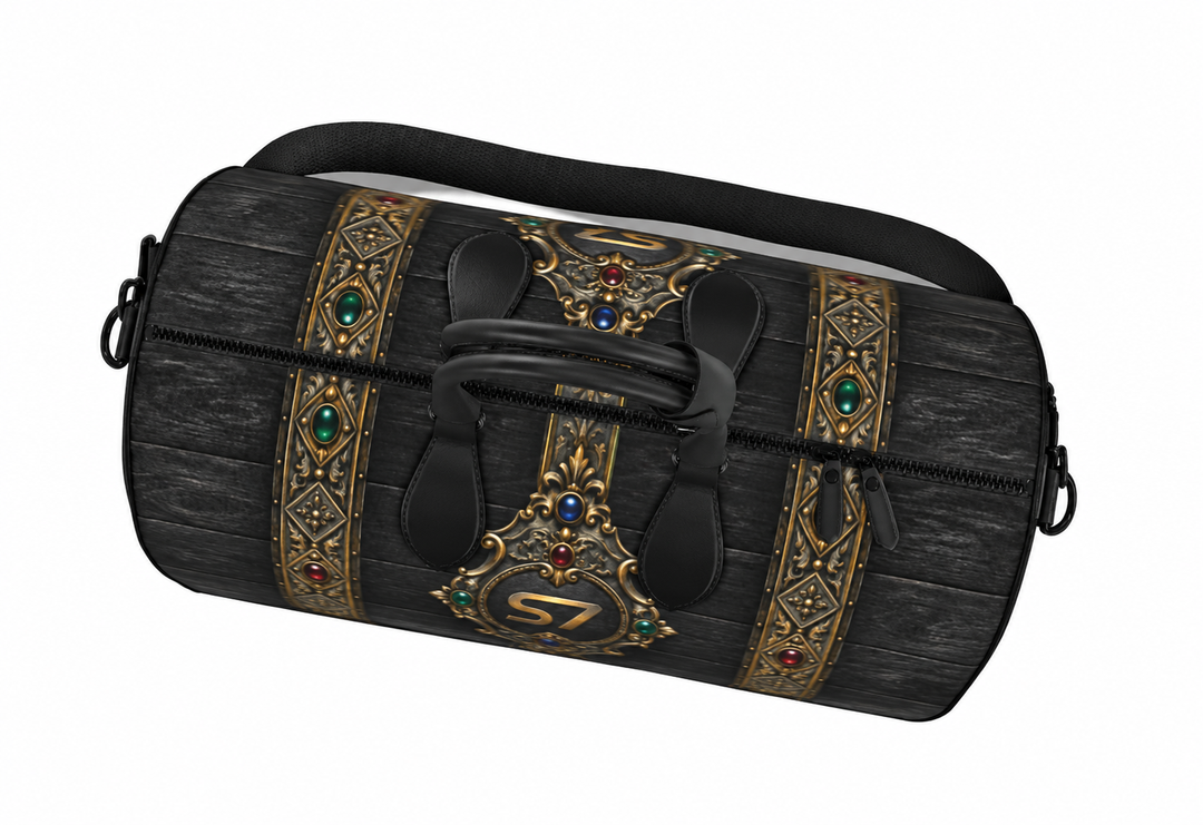 Overhead view: Overhead view of the S7 Billion Noir duffle showing its black zipper, handles and treasury-inspired print.