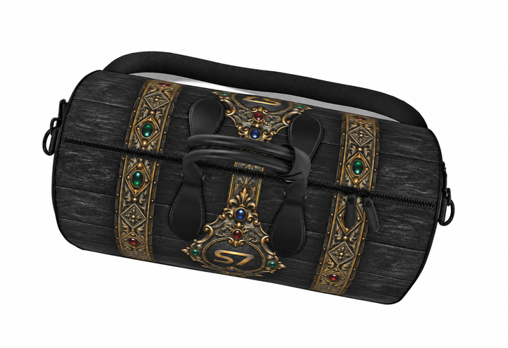 Overhead view: Overhead view of the S7 Billion Noir duffle showing its black zipper, handles and treasury-inspired print.
