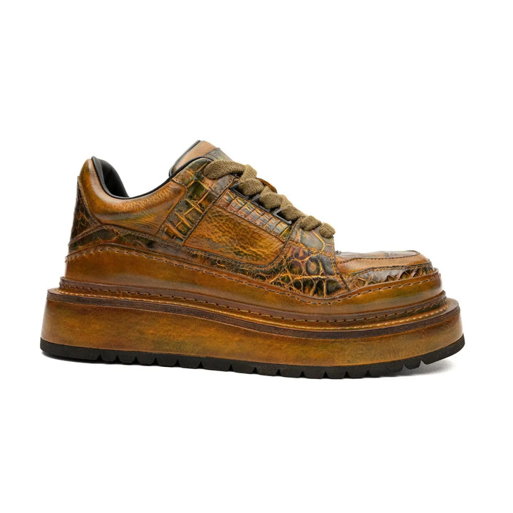 Brown Platform Ostrich Leg Leather Sneakers
