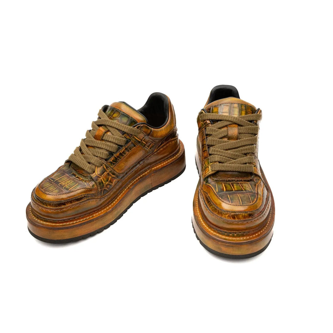 Brown Platform Ostrich Leg Leather Sneakers