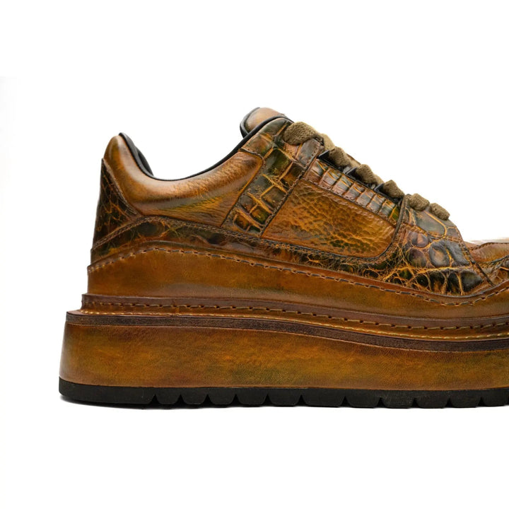 Brown Platform Ostrich Leg Leather Sneakers
