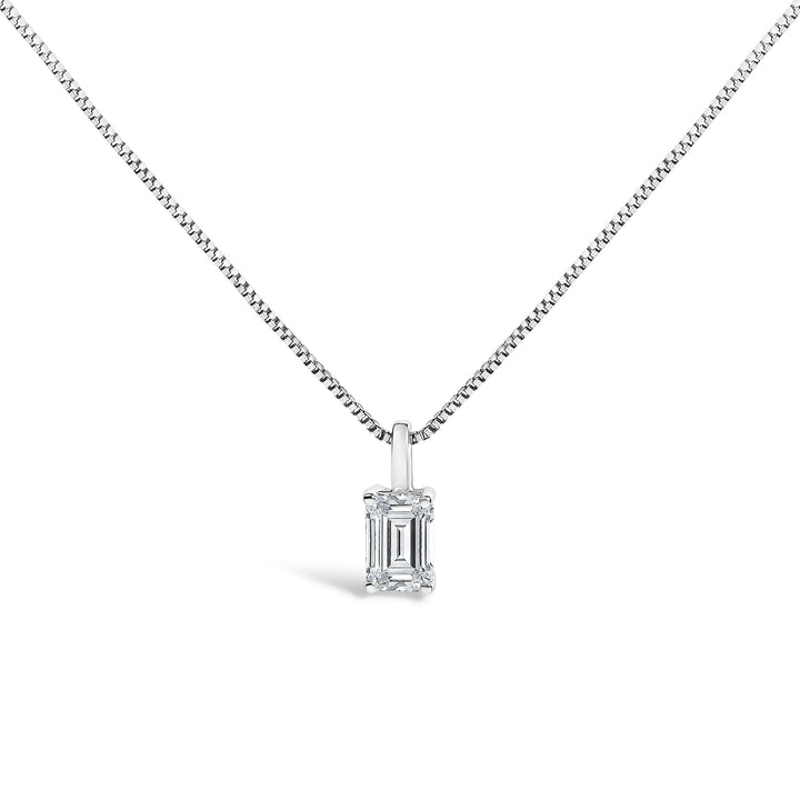 14K White Gold 3/4 Cttw Lab Grown Emerald Cut Solitaire Diamond Pendant Necklace