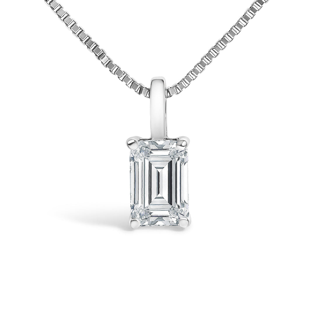 14K White Gold 3/4 Cttw Lab Grown Emerald Cut Solitaire Diamond Pendant Necklace