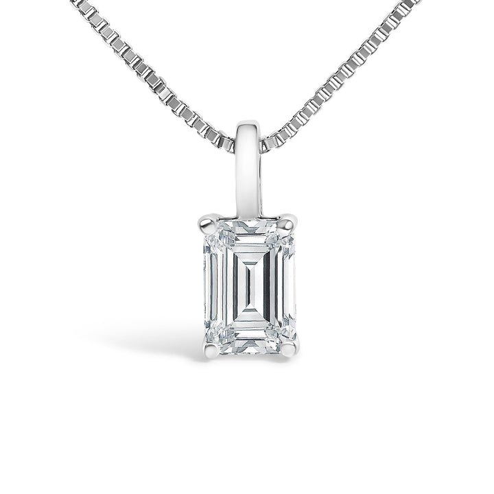 14K White Gold 3/4 Cttw Lab Grown Emerald Cut Solitaire Diamond Pendant Necklace