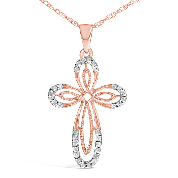 10K Rose Gold Plated Sterling Silver 1/6 Cttw Diamond Double Loop Cross Pendant Necklace