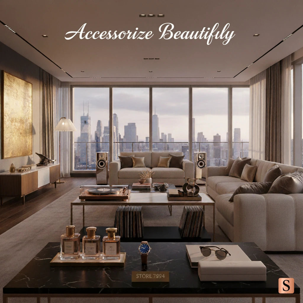 Modern living room with cityscape view, furniture, and decor items.