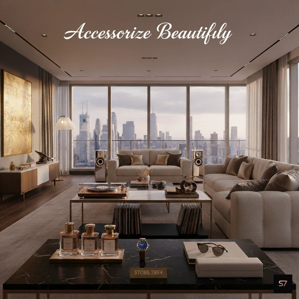 Modern living room with cityscape view, decor items on coffee table, and 'Accessorize Beautifully' text.