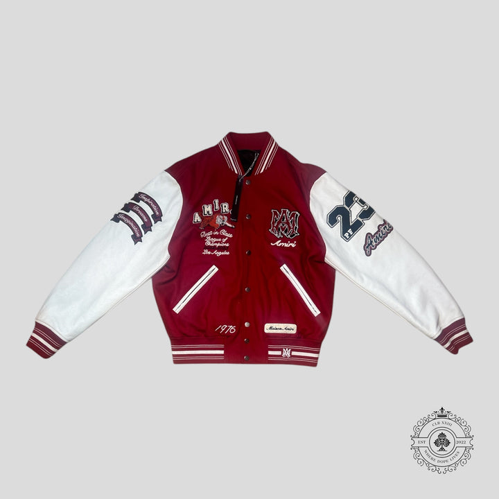 Amiri League of Champions Tiger Patch Varsity Jacket in Red/White
