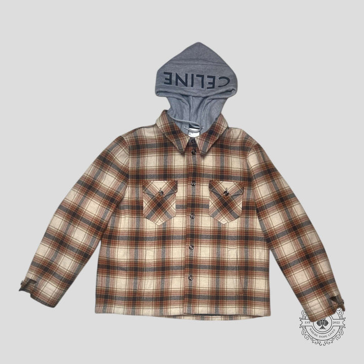 Celine Logo Hoodie Checkered Wool Hooded Overshirt in Brown/Black/Red