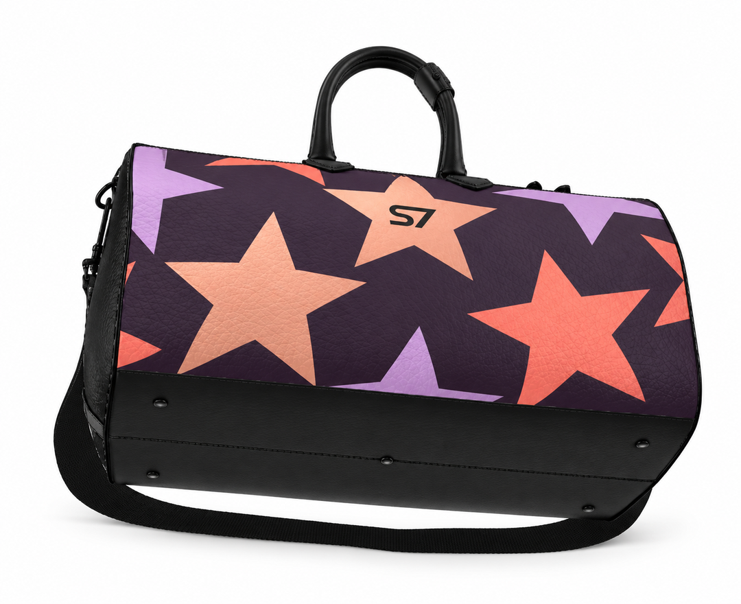 S7 Twilight Star purple duffle bag with lavender, coral, and rose-gold-tone stars