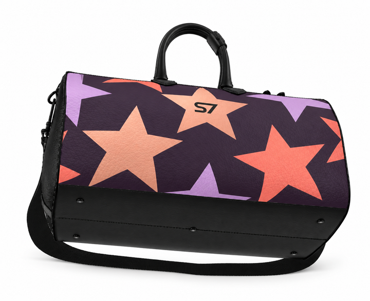S7 Twilight Star purple duffle bag with lavender, coral, and rose-gold-tone stars