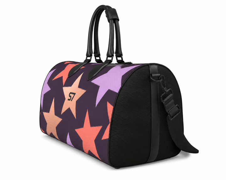 S7 Twilight Star purple duffle bag with lavender, coral, and rose-gold-tone stars