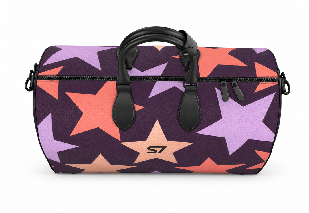 S7 Twilight Star purple duffle bag with lavender, coral, and rose-gold-tone stars