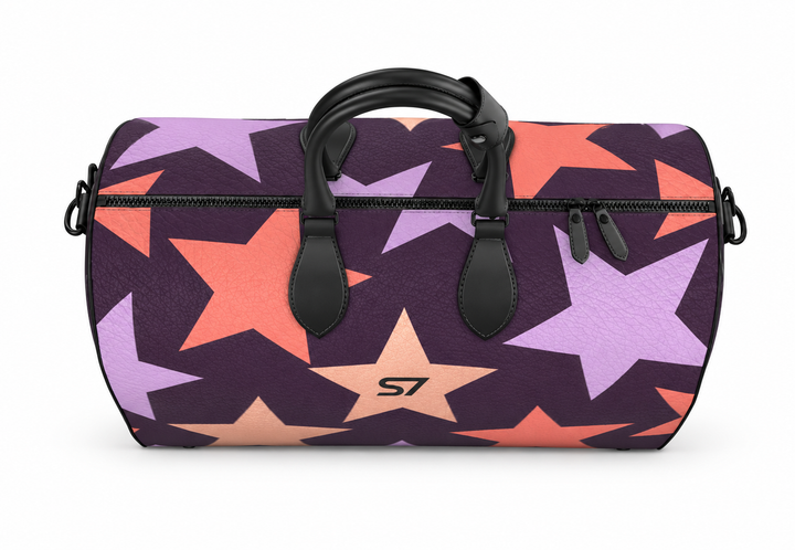 S7 Twilight Star purple duffle bag with lavender, coral, and rose-gold-tone stars