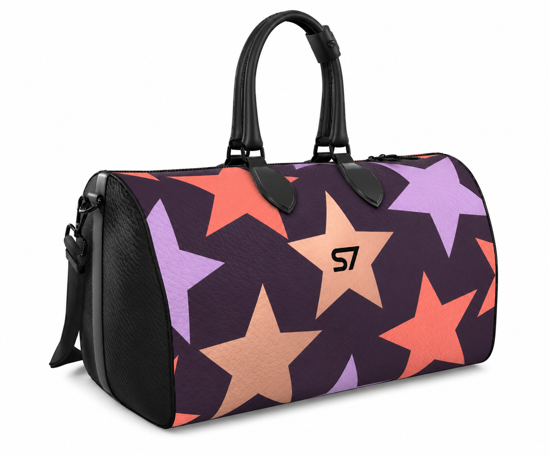 S7 Twilight Star purple duffle bag with lavender, coral, and rose-gold-tone stars