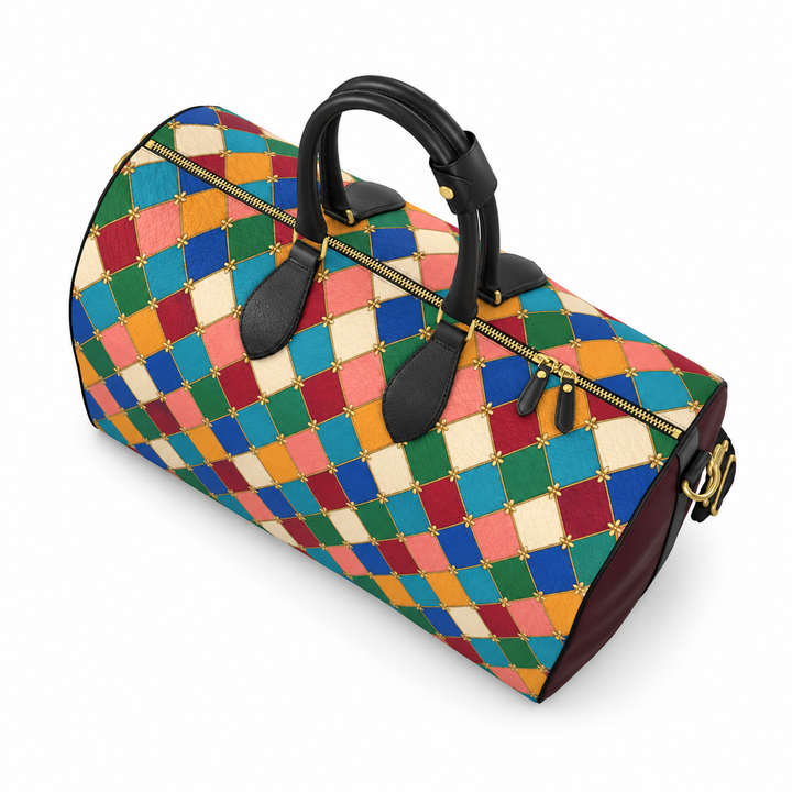S7 Harlequin Royale Jewel Mosaic leather duffle bag with multicolor diamond print, gold-tone details, burgundy side panels, and black handles.