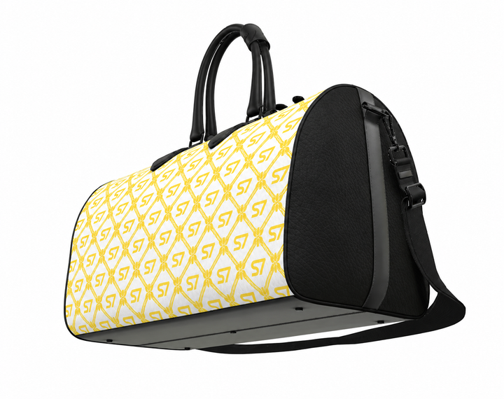 S7 Riviera Soleil duffle bag featuring bright yellow S7 monograms and ornate diamond lattice on a white background.