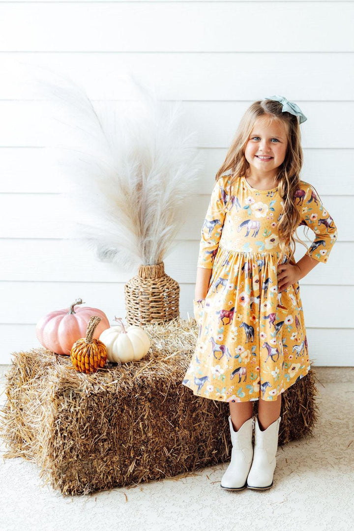 Ponies &amp; Poppies 3/4 Sleeve Pocket Twirl Dress