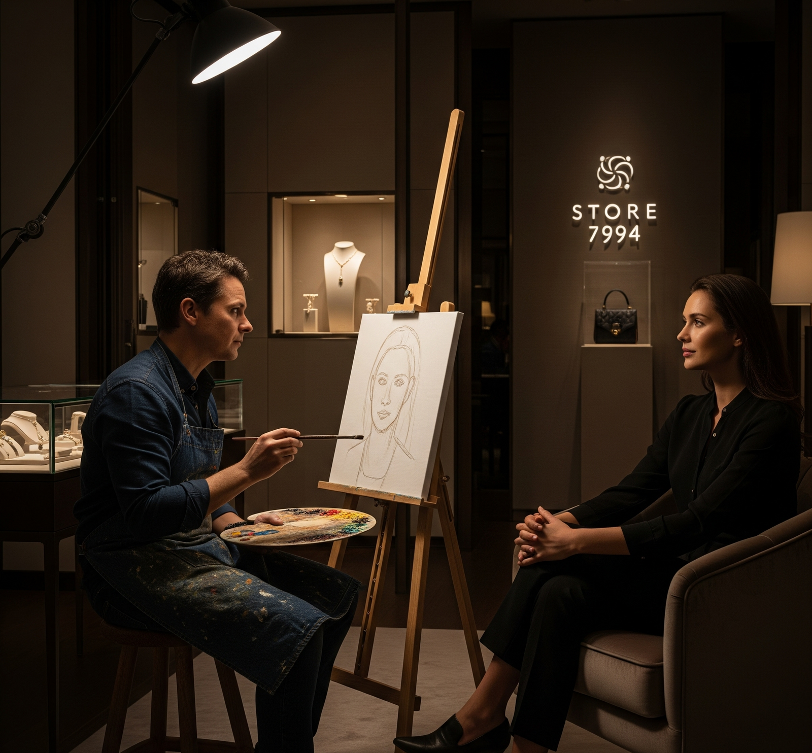 Artist painting a portrait of a woman in a dimly lit room with 'Store 7994' sign.