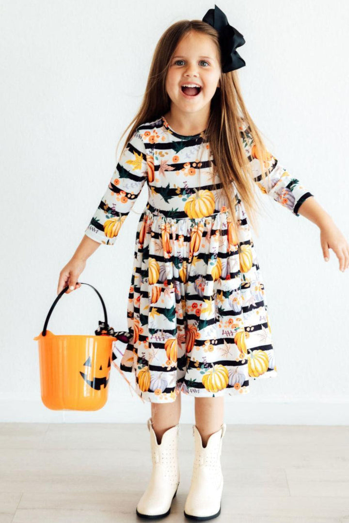 Pumpkins &amp; Peonies 3/4 Sleeve Pocket Twirl Dress