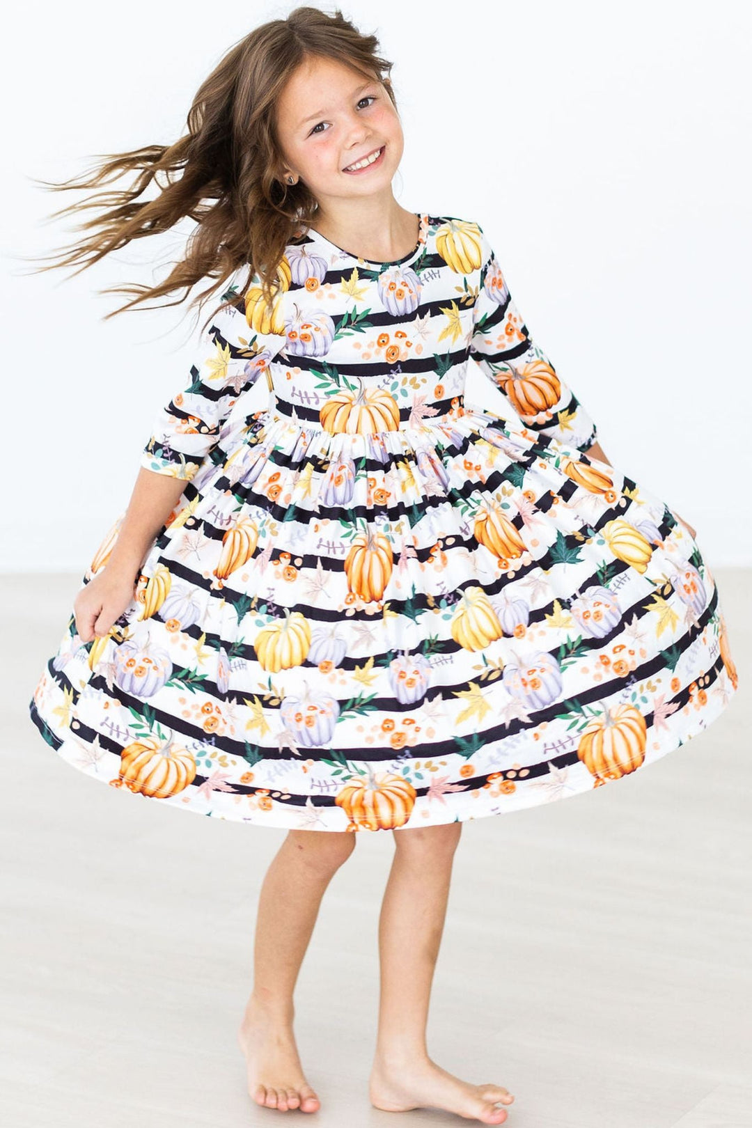 Pumpkins &amp; Peonies 3/4 Sleeve Pocket Twirl Dress
