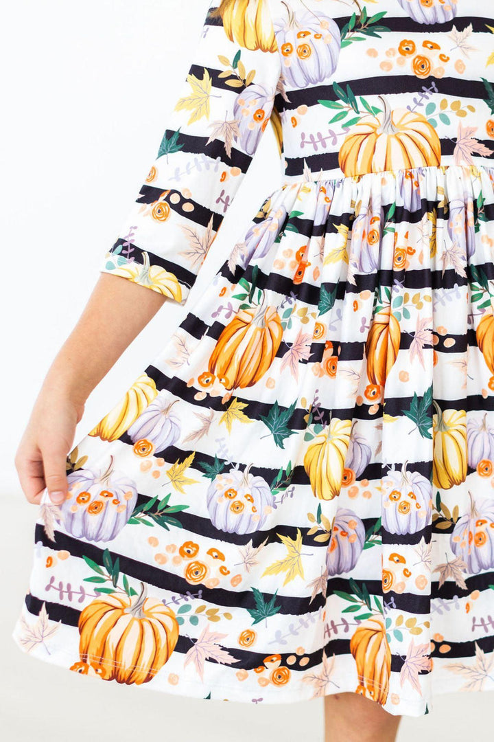 Pumpkins &amp; Peonies 3/4 Sleeve Pocket Twirl Dress