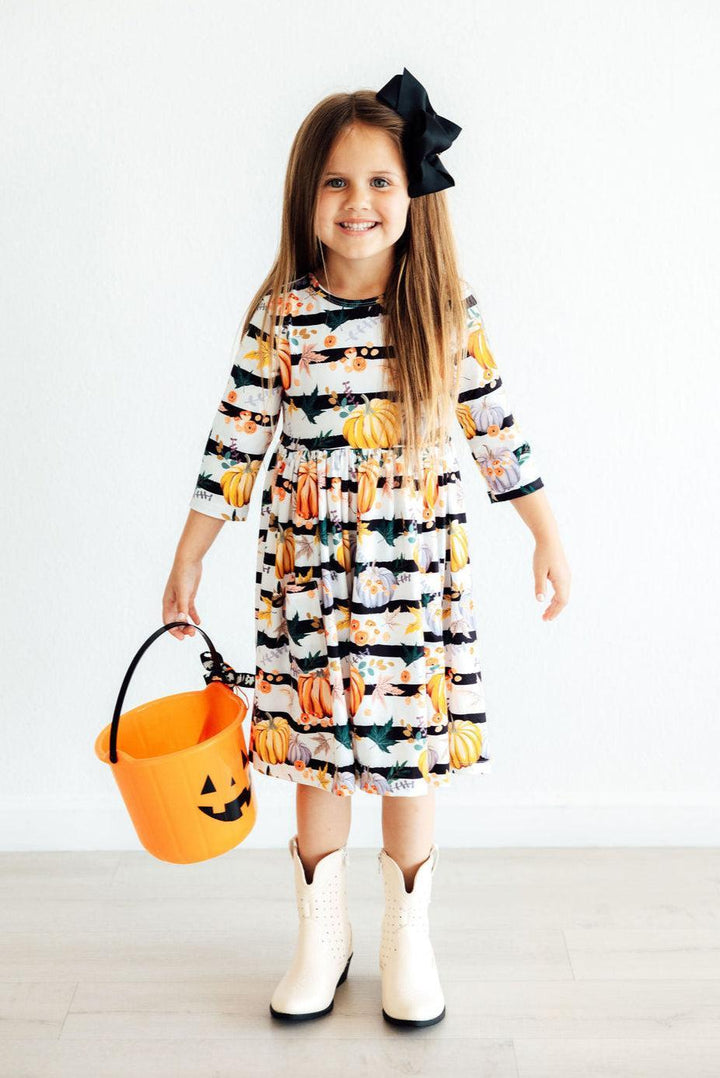 Pumpkins &amp; Peonies 3/4 Sleeve Pocket Twirl Dress