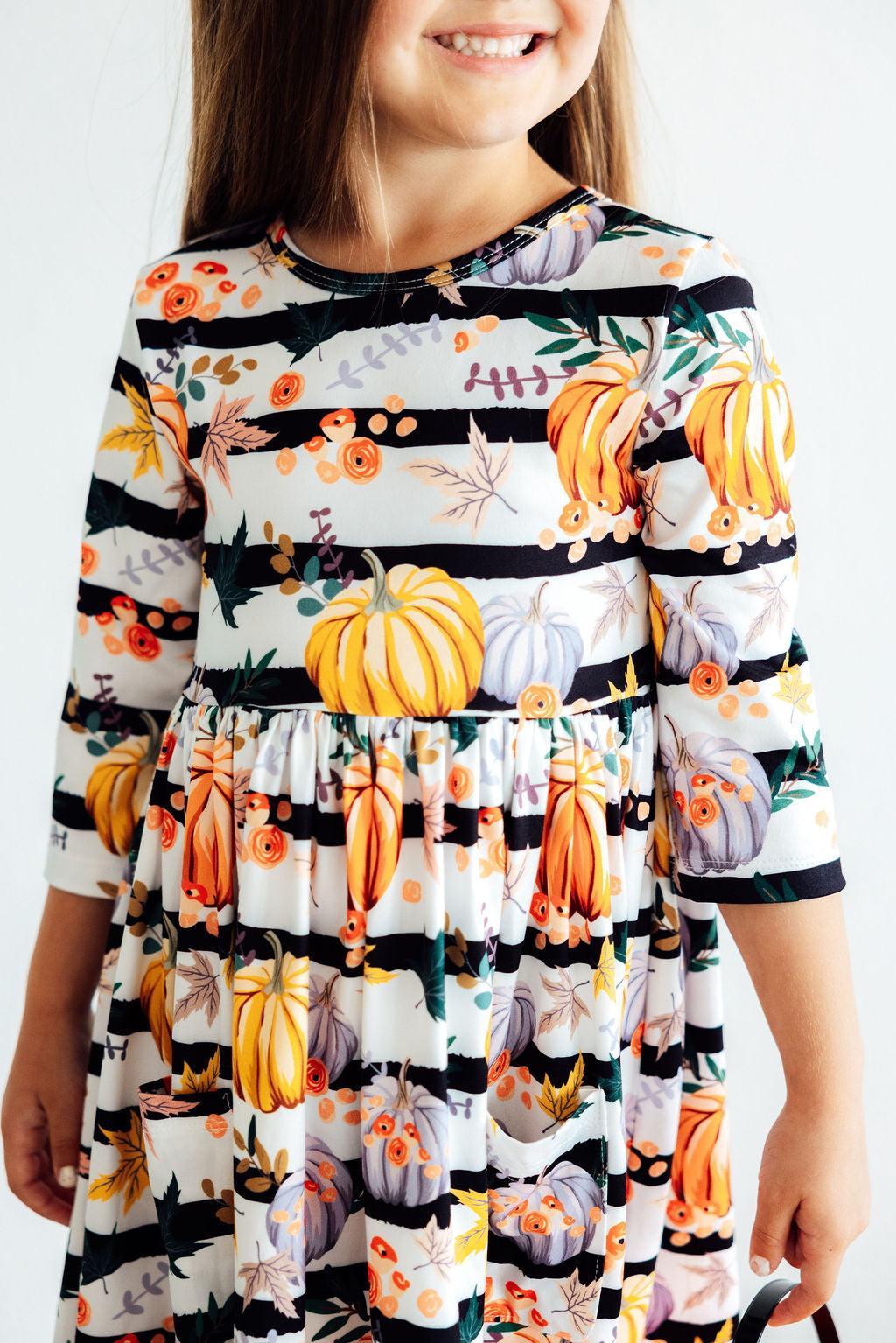 Pumpkins &amp; Peonies 3/4 Sleeve Pocket Twirl Dress