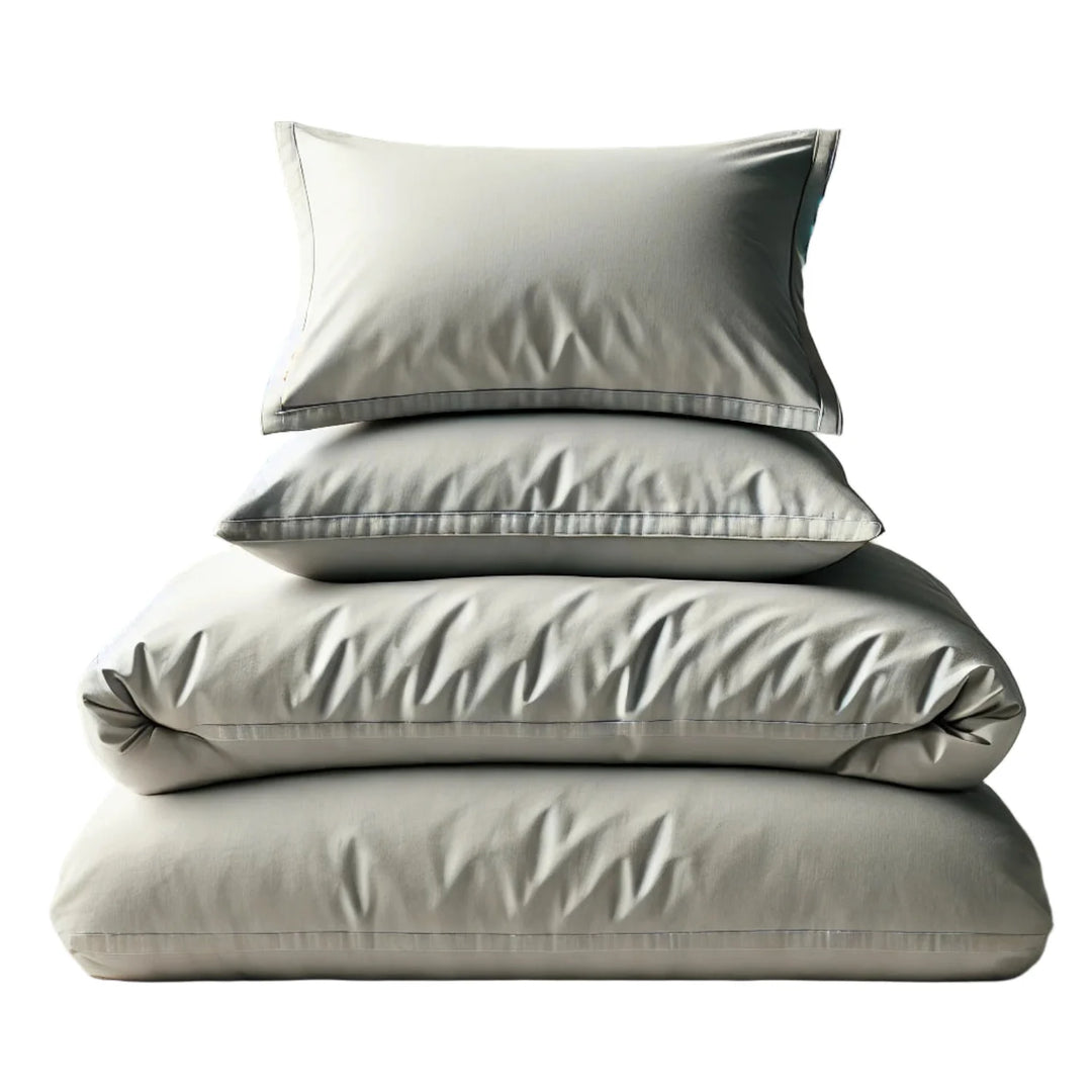 Stack of light gray bedding including a duvet, two pillows on a white background