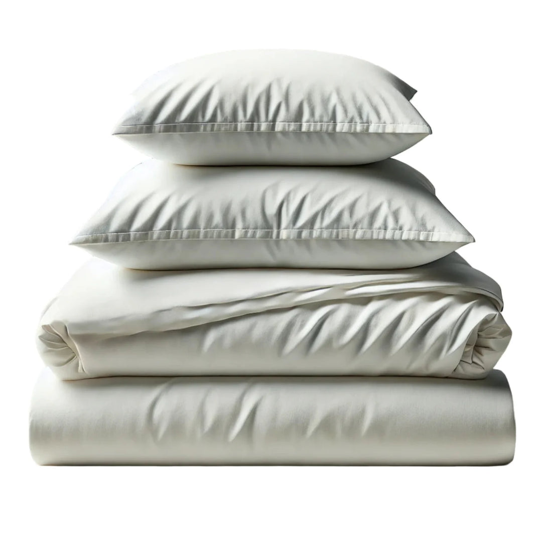 Stack of white bedding including a duvet, two pillows, and a comforter on a white background