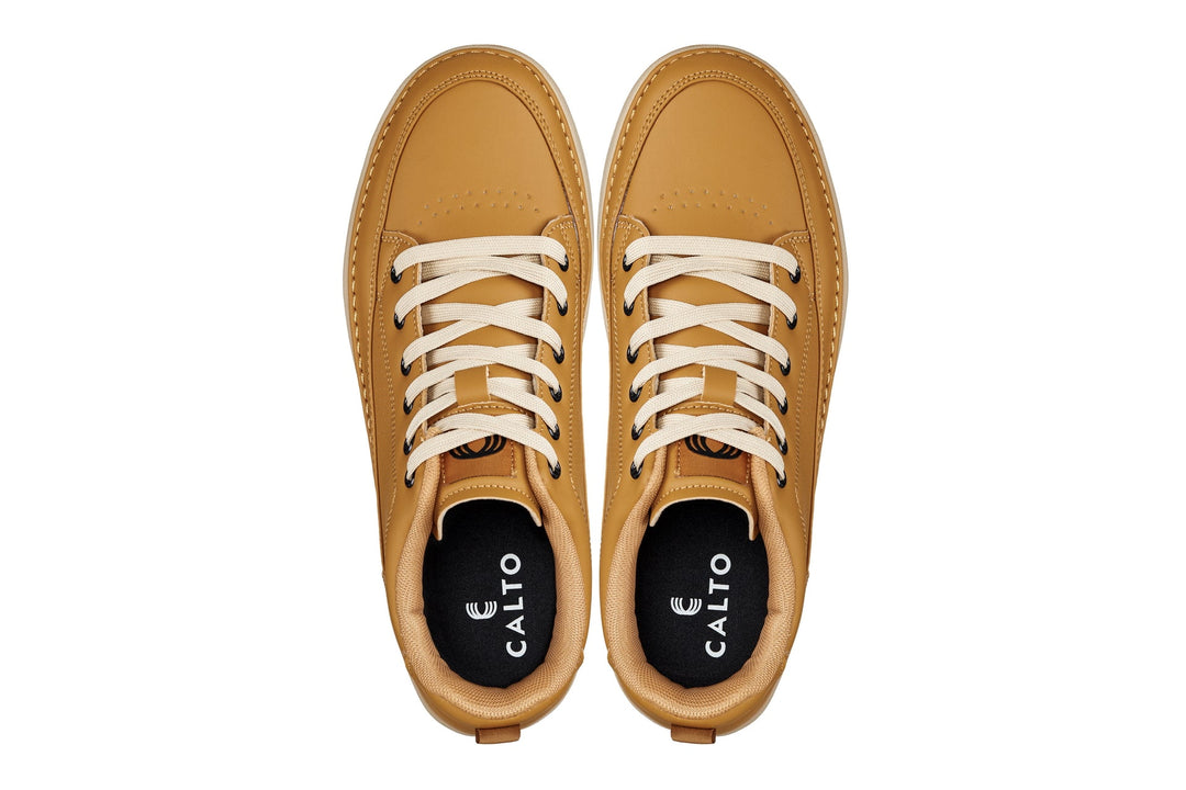 CALTO - Q274  - 2 Inches Taller (Camel Brown &amp; Gum Sole) - Elevated Leatherette Micro-Perforated Sneakers
