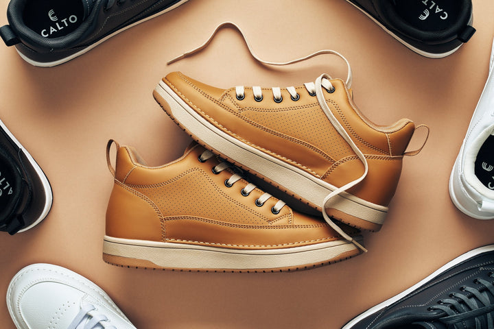 CALTO - Q274  - 2 Inches Taller (Camel Brown &amp; Gum Sole) - Elevated Leatherette Micro-Perforated Sneakers