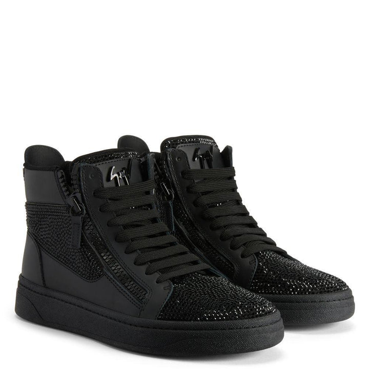Giuseppe Zanotti GZ94 High-Top Sneakers with Black Rhinestone Embroidery and Suede-Effect Finish