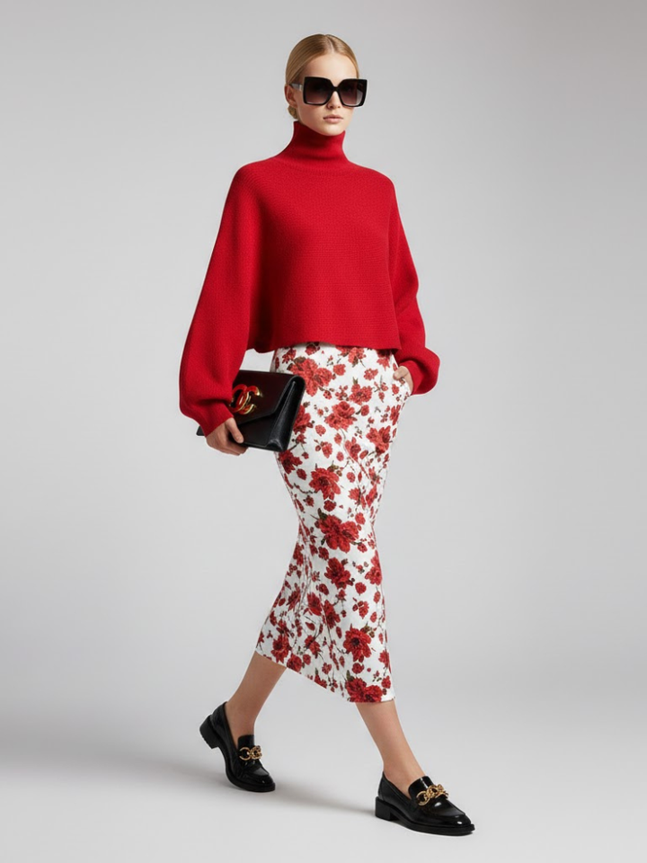 Red Knit Sweater with Peris Neck and Puff Sleeves • BYMANYC ® New York