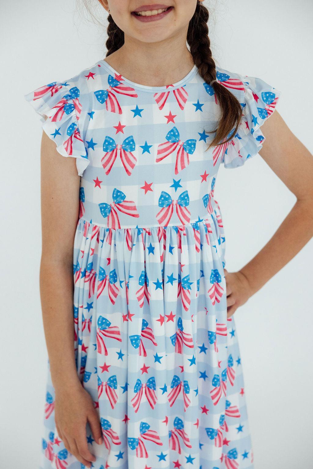Red, White &amp; Bows Flutter Sleeve Twirl Dress