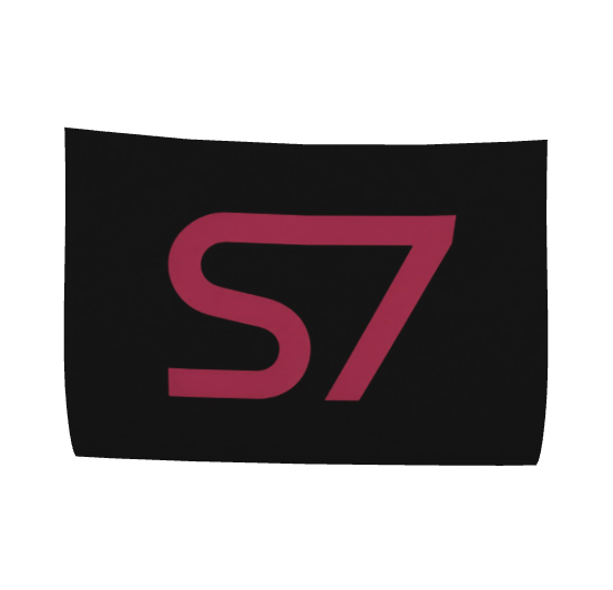 A black rectangular patch or sticker featuring a stylized pink &