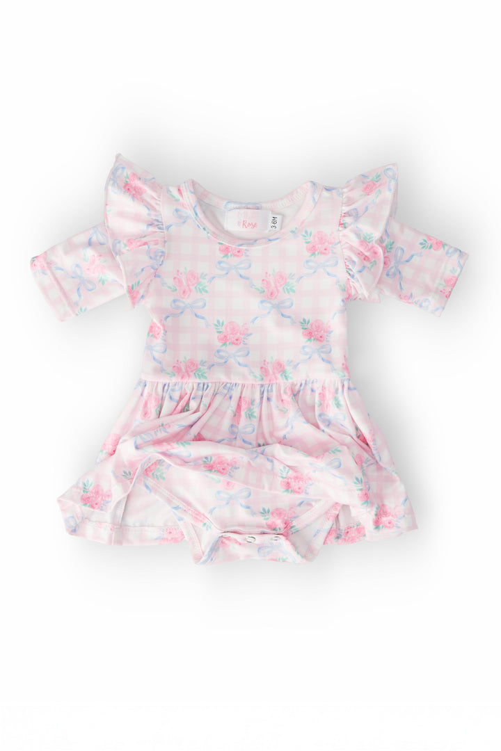 Ribbons &amp; Roses 3/4 Sleeve Flutter Twirl Bodysuit