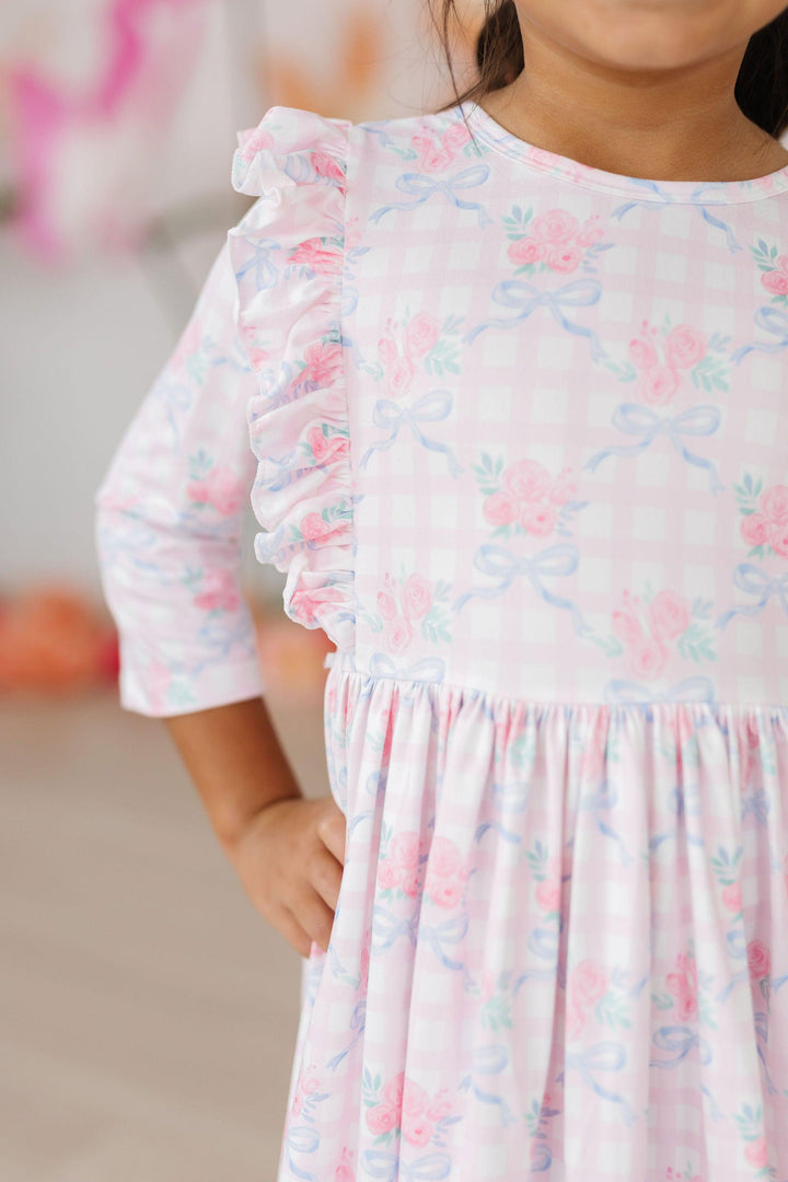 Ribbons &amp; Roses 3/4 Sleeve Ruffle Twirl Dress