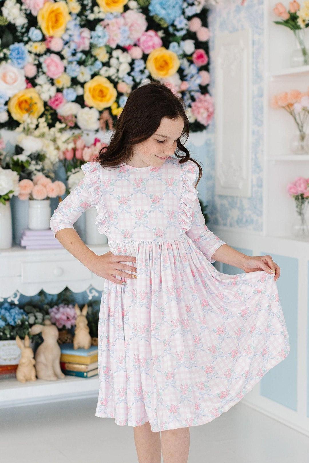 Ribbons &amp; Roses 3/4 Sleeve Ruffle Twirl Dress